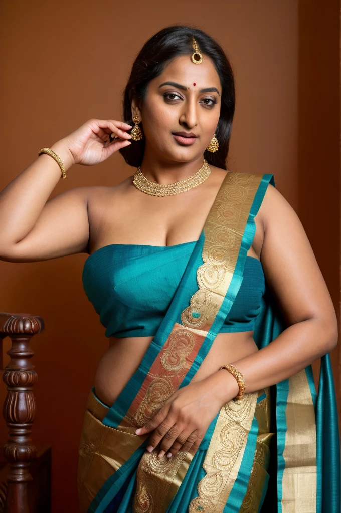 Foto RAW, photorealistic, photography, full body shot, 50 years old Woman, master shot, perfect eyes, goddess like beauty, pierced eyes, perfect thick chubby mallu Desi aunty bhabhi, Wearing a Stanapatta, a chest-band.Saree model, model Photography, Indian saree shoot, Indian traditional wear advertising photography, traditional wear brand shoot, face of Indian actress Sonakshi Sinha, masterpiece, realistic, realism, incredible details,  pleasure, photorealism, detailed skin, skin pores, high contrast, photorealistic Artstation 8k HD digital art trend of high definition and detailed realistic skin texture, ultra detail, realistic skin texture, armature, best quality, ultra high definition, (photorealistic:1.4),, high resolution, detail, raw photo, sweat, Re sharp, by Lee Jefferies Nikon D850 Film Stock Photo 4 Kodak Portra 400 Camera F1.6 Lens Rich Color Ultra Real Realistic Realistic Textures Dramatic Lighting Unreal Engine Trending at Art Station Cinestill 800,(pele altamente detalhada: 1.2), 8k UHD, DSLR, soft-lighting, alta qualidade, grain of film, Fujifilm XT3,she didn't like to wear blouse or bra, she is happy to wear only saree, she hates blouse or bra, detailed hairy armpits, hyper realistic skin, skin pores, sweat, veins, short hairs on armpit, stubble armpits, hyper realistic hairy armpits, low waist saree, 