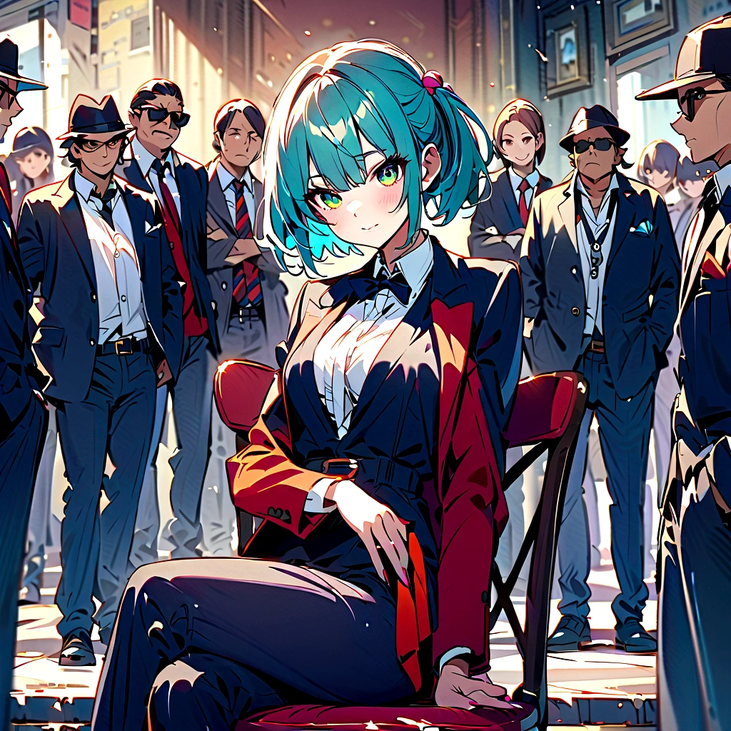 Surrounded by the movie mafia、A girl is sitting on a chair、All the gangsters around her point their guns at the girl