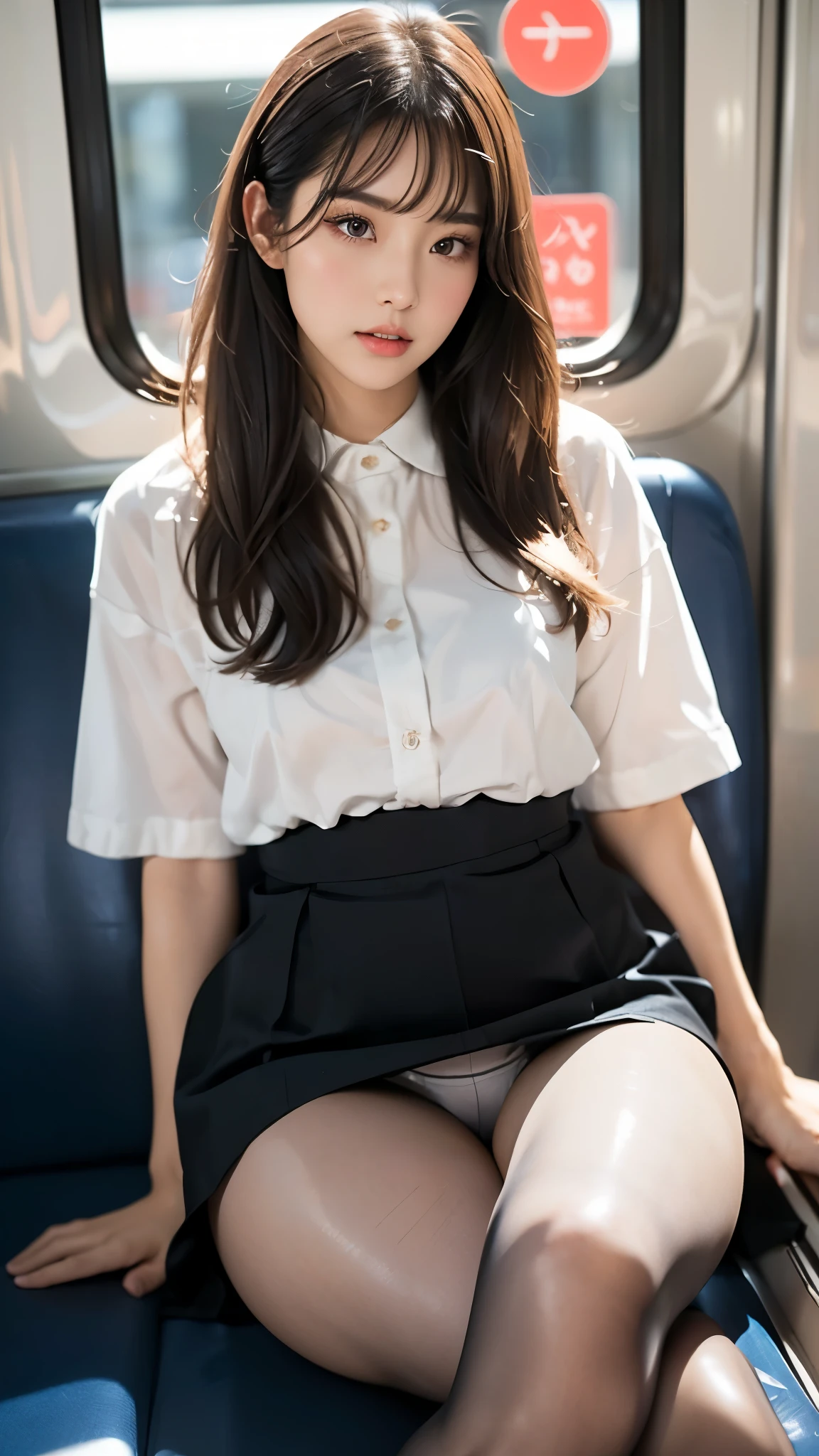 16K quality、Highest quality、It is high resolution.、Real photo、((Inside the train、Train seats))、((Sit with your body facing forward、Beautiful woman sitting and spreading her skirt to show her panties、Sitting with legs apart and panty shots))、((Neat and clean office lady、White blouse、Black tight skirt))、((sit politely:1.3))、(Sitting with legs apart, showing panties under skirt)、(Sheer black pantyhose、Shiny ultra-thin black pantyhose、Panties showing through pantyhose)、((High cut high leg panties))、((Beautiful glossy brown hair、Bob Hair、Put out your ears))、((Embarrassed expression))、((blush))、((C cup breasts、Small breasts、Small breasts))、Beautiful eyeshadow、Beautiful legs、(Big eyes、No makeup、Very beautiful and subtle makeup, Light makeup,)、Perfect body、Perfect hands、Perfect Fingers、Detailed and beautiful thin lips、A clear, beautiful face and well-proportioned eyes、Highly detailed eyes and face、A neat nose、Thin eyebrows、(Perfect Eyes)、Realistic Light、 Cute round face, Plump thighs、Hairstyle with bangs、Slender body、slim、Light-reflecting skin、Model Body Type、Detailed fingers、Beautiful Eyes、Long eyelashes、8Head to Body、Low - Angle、The light reflected in your eyes、Smaller face、double eyelid、Big Eyes、Lip gloss、Looking away、Background blur、Movie lighting from the front、Light on face