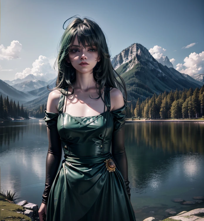 A beautiful girl with long hair, big eyes, wearing an elegant dress, standing in front of a lush green mountain landscape with a serene lake, (best quality,4k,8k,highres,masterpiece:1.2),ultra-detailed,(realistic,photorealistic,photo-realistic:1.37),extremely detailed face and eyes,long eyelashes,beautiful detailed eyes,beautiful detailed lips,green mountains,green water,intricate dress,dramatic lighting,cinematic,high fashion,elegant,serene
