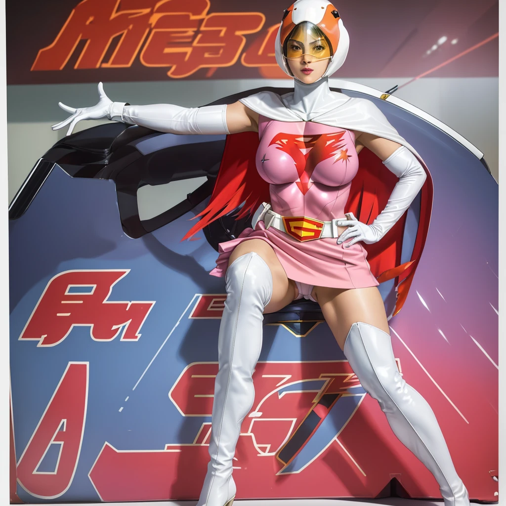 ANI_CLASSIC_jun_gatchaman_ownwaifu,1girl, ,good anatomy, masterpiece, best quality,realistic, hyper realistic, 16k hdr, long hair,breasts,lips,large breasts,lipstick,makeup,gloves,cape,helmet,belt,elbow gloves,white gloves,mask,ultra miniskirt,leotard,spacesuit,white tight overknee highheels boots,pink dress,superhero,bodysuit,cleavage,erected nipples,(stand pose,hands on hip),(spread legs:1.1),cameltoe