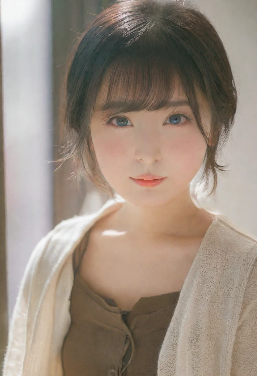 Close-up of a woman wearing a light cardigan, Yoshitomo Nara, Young and pretty Asian face, Girl cute beautiful face, Chiho, Chen Xintong, Beautiful Japanese girl face, Ulzzang, sakimi chan, Soft Makeup, sakimichan, 1 8 is