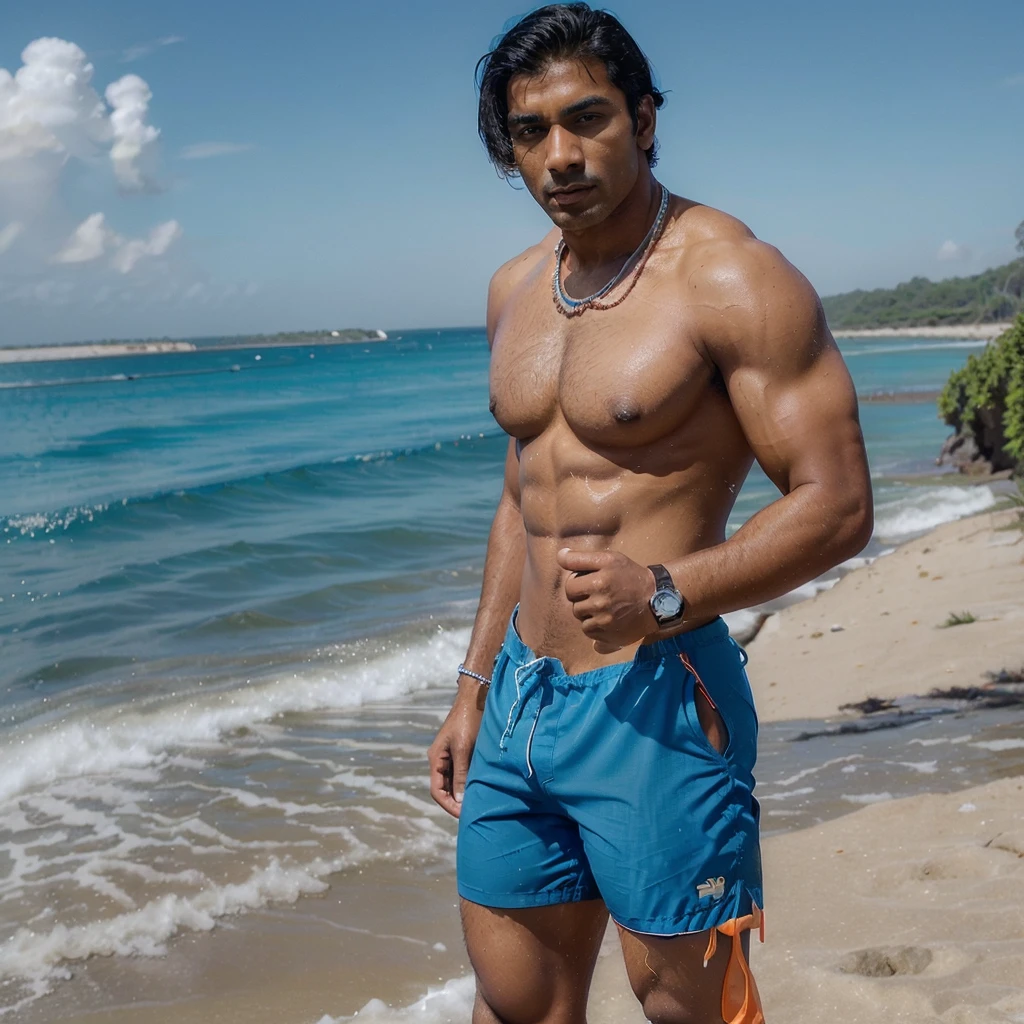 (((sexy gorgeous young))) beautiful (((YOUNG LONELY ALONE))) gorgeous rich ((muscular indian man)) ((wearing a rolex watch)) on his wrist, in (((blue swim shorts at the beach)))