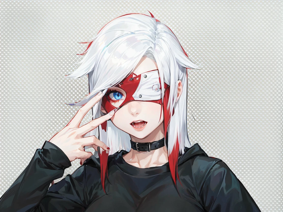 A young woman with white hair and red tips, a vampire, vampire canines, blue eyes, eye patch, short hair, female physique, Discord PfP, fantasy, vampire