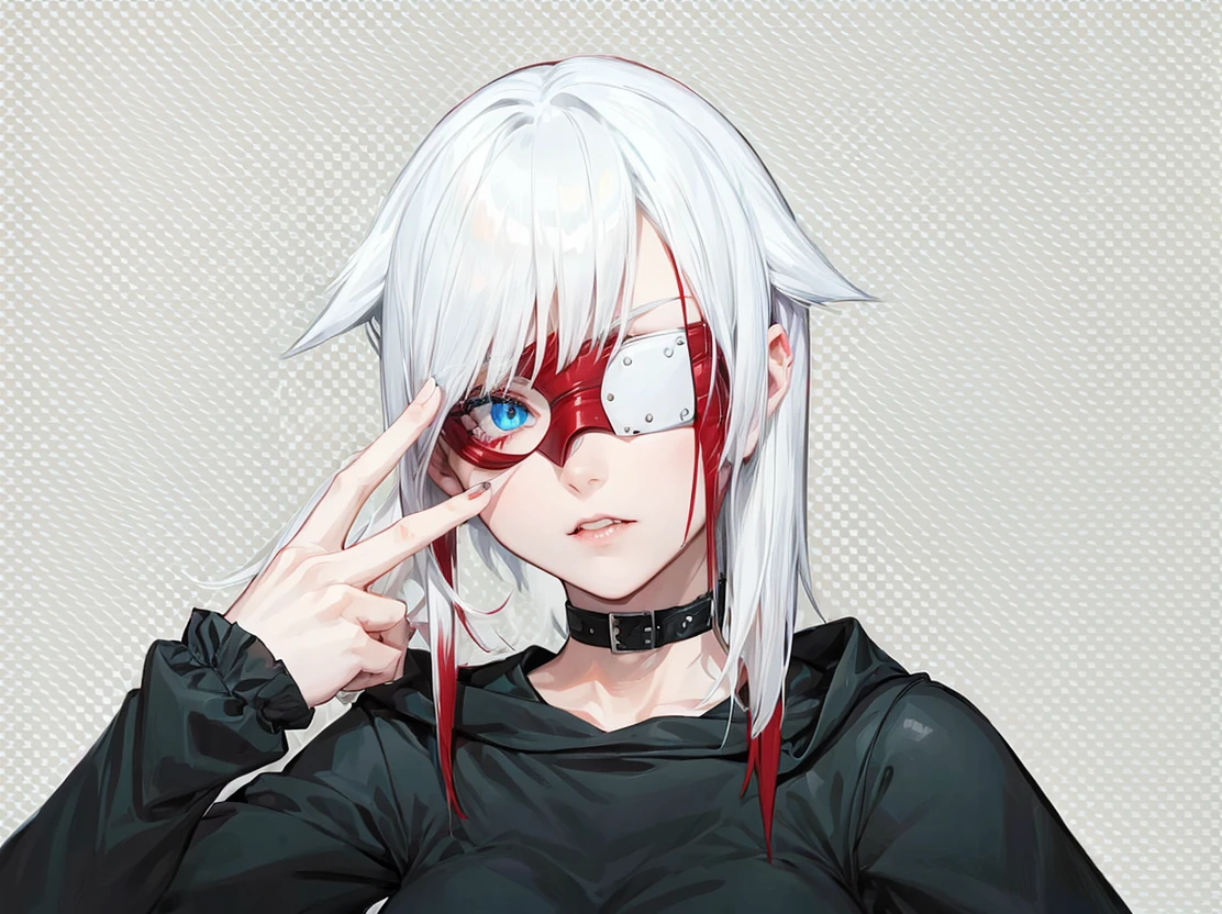 A young woman with white hair and red tips, a vampire, vampire canines, blue eyes, eye patch, short hair, female physique, Discord PfP, fantasy, vampire