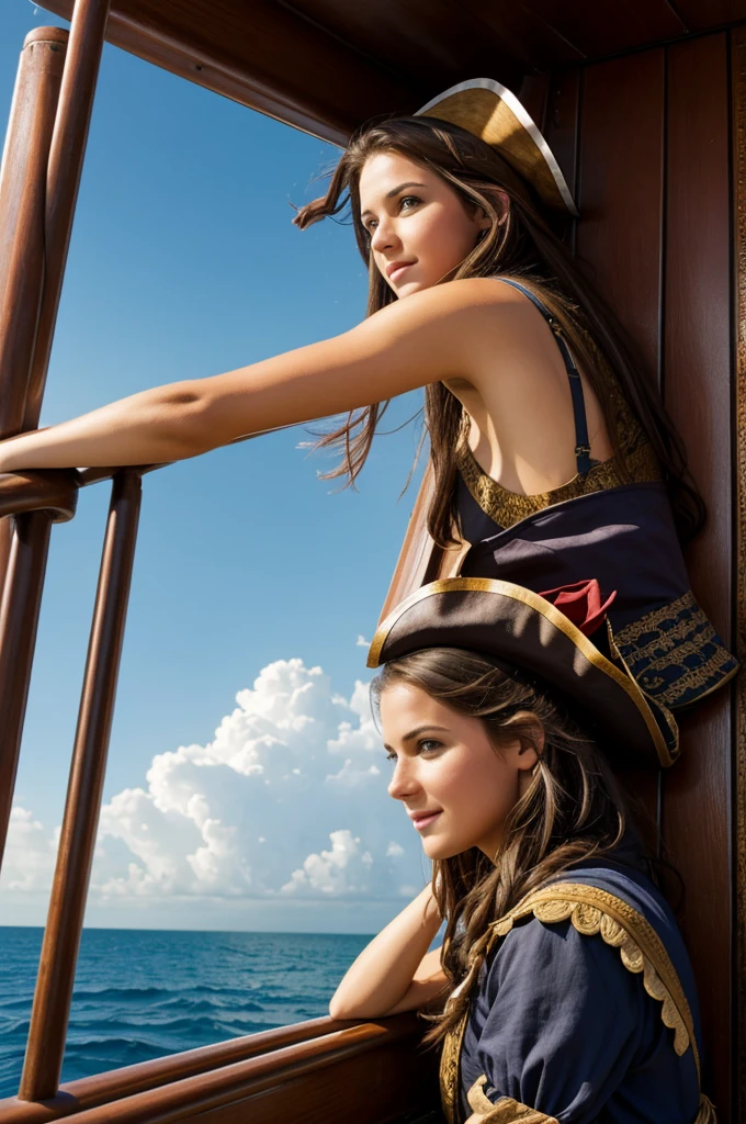 A female pirate with straight brown hair, looking at the sea a book falling over the side of the ship