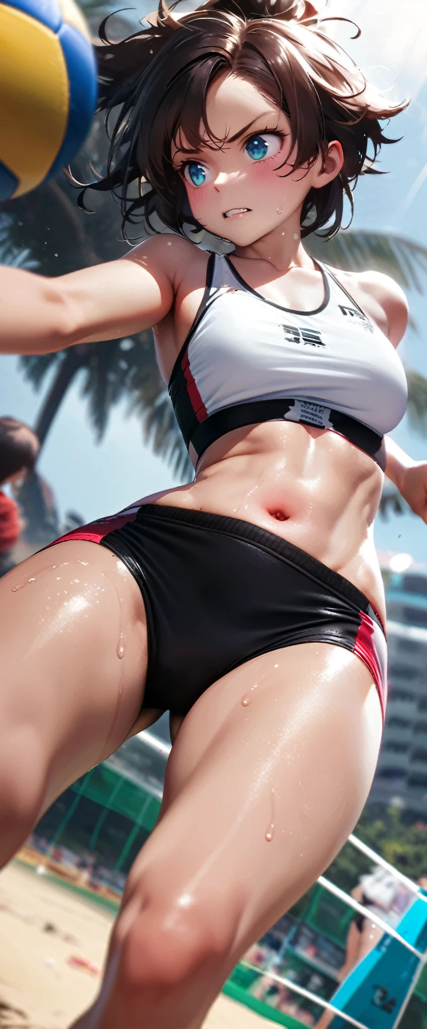 quality\(8k,wallpaper of extremely detailed CG unit, masterpiece,hight resolution,top-quality,top-quality real texture skin,hyper realisitic,increase the resolution,RAW photos,best qualtiy,highly detailed,the wallpaper,cinematic lighting,ray trace,golden ratio\), BREAK ,two girls,two teenls are rallying at beach_volleyball,2girls\(teen,cute,kawaii,hair floating,messy hair,blonde hair and dark hair,messy hair,pony tail hair and short hair,skin color white,(tunned skin),eye color blue or dark,eyes shining,big eyes,breast,sports_bikini,angry face,sweat,(dynamic pose:1.2),sports_sunglasses,cap\), BREAK ,(dynamic angle:1.4),1ball\(beach_volleyball\),at beach_volleyball court,(motion blur on ball:1.3),(perspective action:0.6),seaside,(anatomically correct hand:1.5)