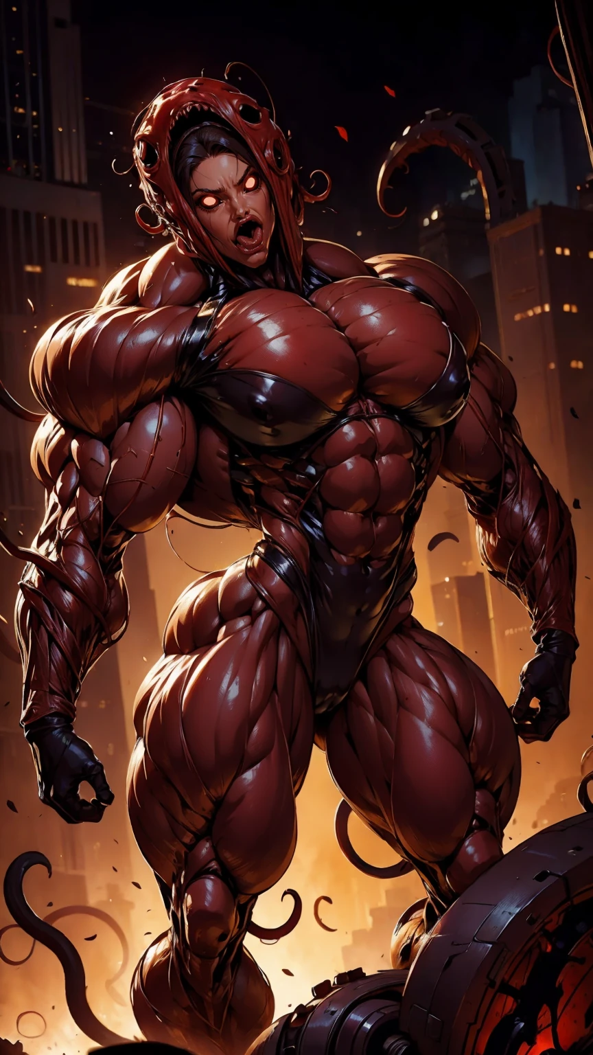 (beautiful girl face:1.45), megan fox as a vampiric muscular red carnage, (mouth wide open with tongue out:1.25), (red carnage anatomic muscular bio-mecha muscle suit:1.25), (body totally covered in muscles, veins, tendons), (perfect muscular anatomy), (fake large :1.25)