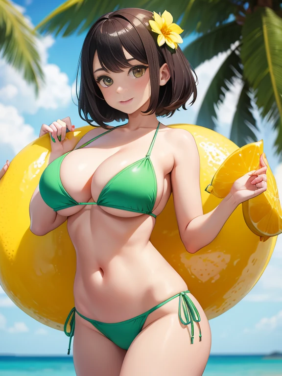 girl, With big breasts, in a lemon green bikini