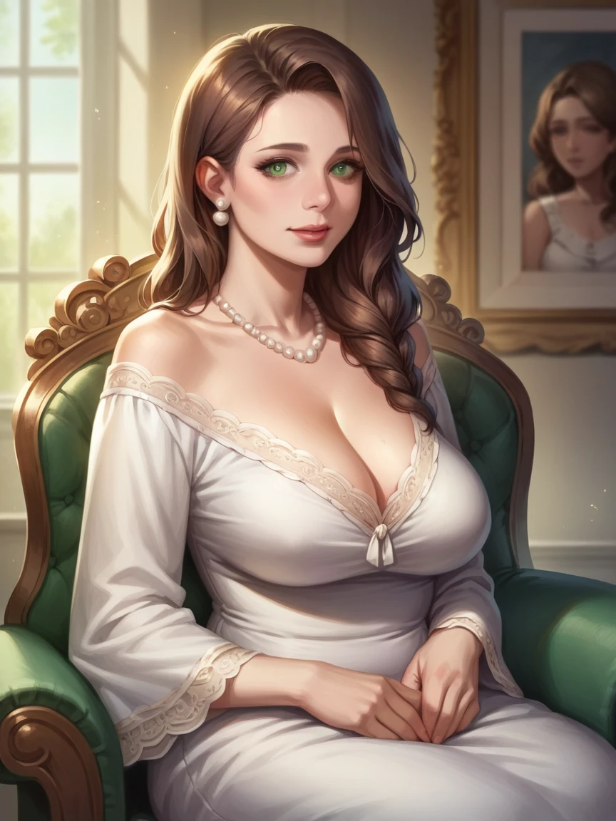((Best quality)), ((masterpiece)), (detailed), 3/4 illustration of a middle aged female character with soft shoulder length brown hair and brownish green eyes, motherly, milf, full figure, soft expression, older, aged 40, digital art painting style, digital portrait, white blouse, pearls, sitting