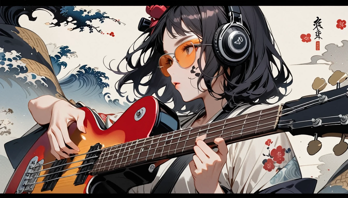Highest quality, Katsushika Hokusai, Ink Painting, (((Playing the bass guitar))), (((Light colored sunglasses))), (((1 girl))), (((Tattoo on face))), Japanese style headphones, beautiful girl, Black Hair, Delicate and precise, Modern ukiyo-e style, Darkness