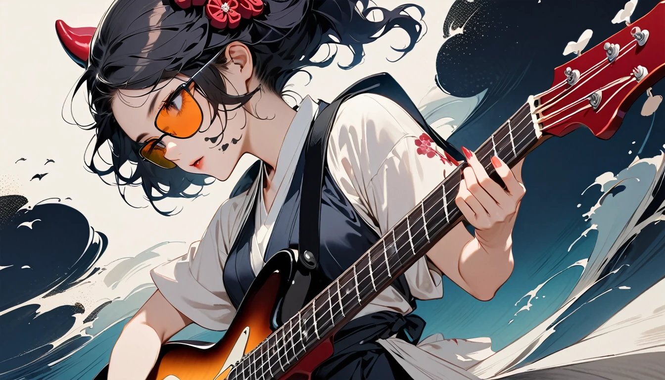 Highest quality, Katsushika Hokusai, Ink Painting, (((Playing the bass guitar))), (((Light colored sunglasses))), (((1 girl))), (((Tattoo on face))), Japanese style headphones, beautiful girl, Black Hair, Delicate and precise, Modern ukiyo-e style, Darkness