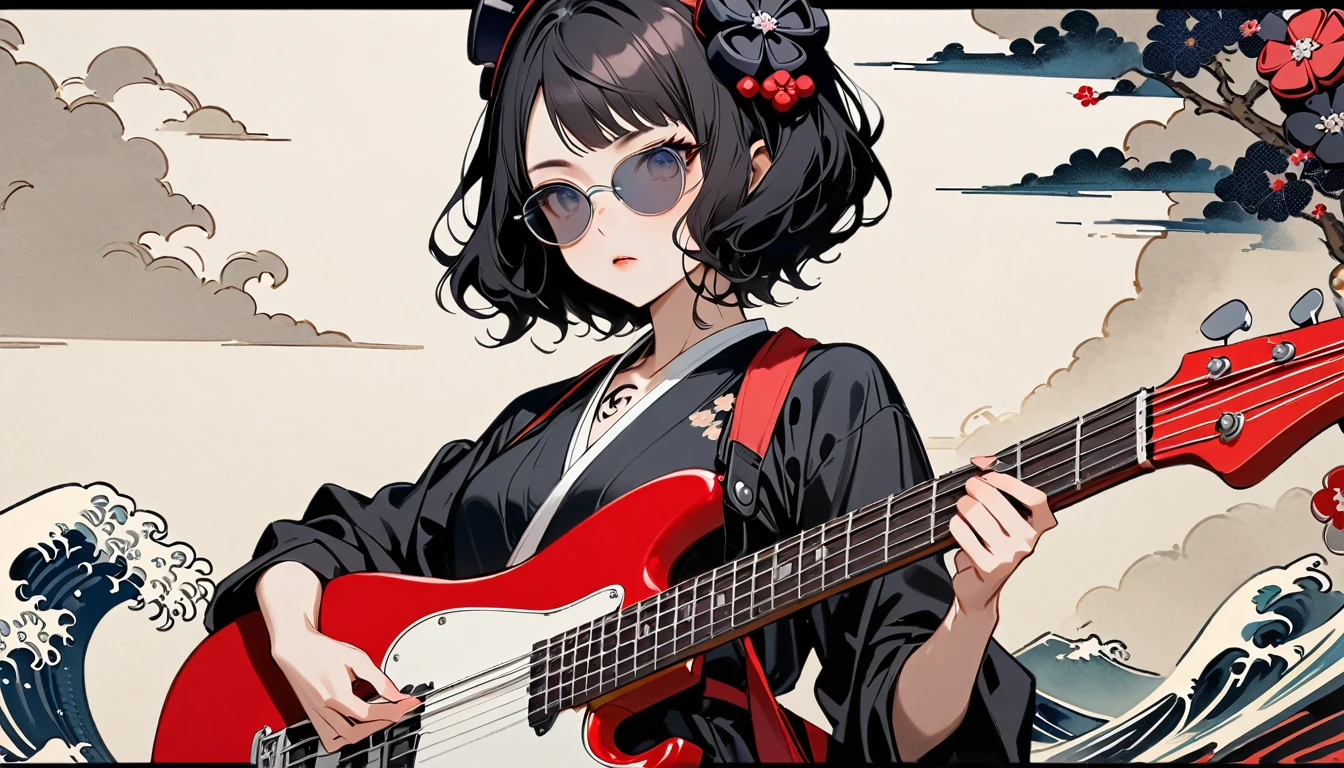 Highest quality, Katsushika Hokusai, Ink Painting, (((Playing the bass guitar))), (((Light colored sunglasses))), (((1 girl))), (((Tattoo on face))), Japanese style headphones, beautiful girl, Black Hair, Delicate and precise, Modern ukiyo-e style, Darkness