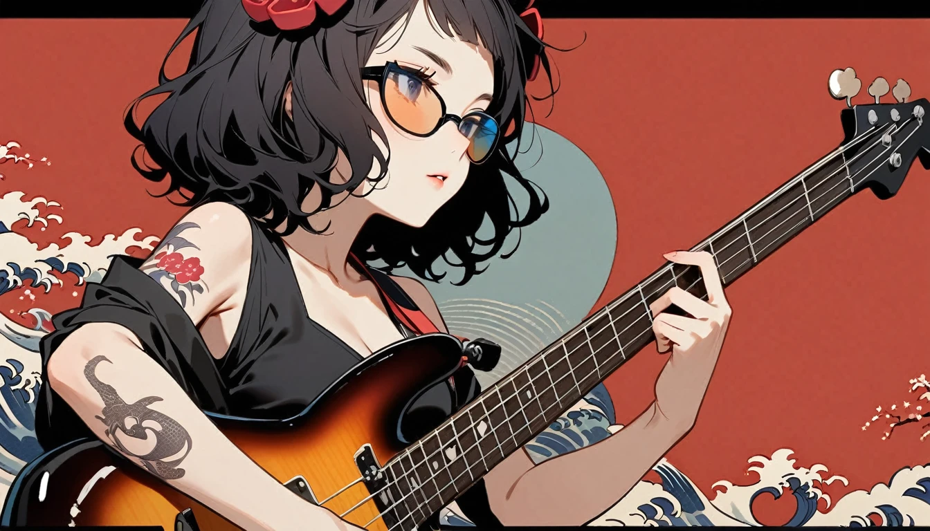 Highest quality, Katsushika Hokusai, Ink Painting, (((Playing the bass guitar))), (((Light colored sunglasses))), (((1 girl))), (((Tattoo on face))), Japanese style headphones, beautiful girl, Black Hair, Delicate and precise, Modern ukiyo-e style, Darkness