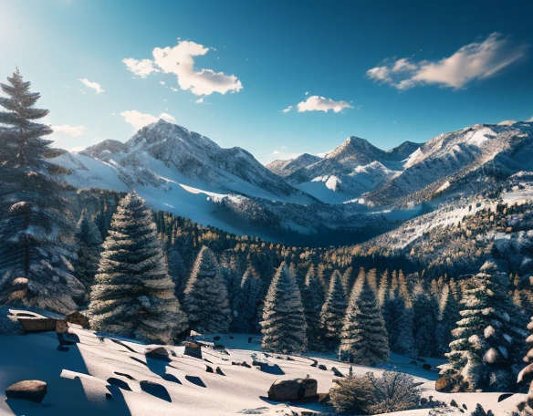 landscape of a mountain valley, ((pines at the foot of the mountains)), ((snow on the peak of the mountains)), cinematic, 8k, detailed, realistic, octane render, (((intricate details)), hdr, ((intricate details, hyperdetailed)), photorealistic, ultrarealistic, realistic shadows, realistic lighting