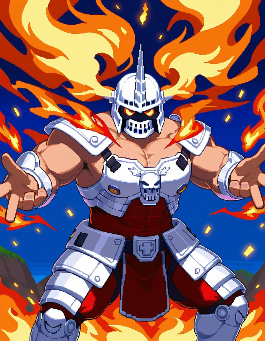 Create an image of a muscular giant holding a huge ax with runes outstretched. He is wearing heavy armor covered in symbols of war, with an implacable gaze. The background is a burning battlefield, in pixel art.