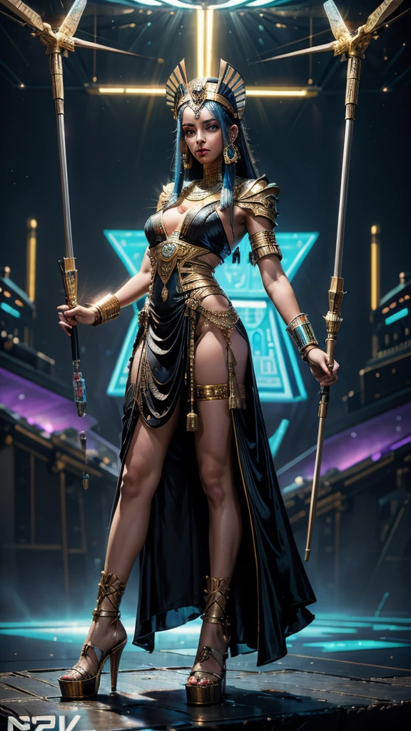 A princess in ancient Egyptian style fused with sci-fi and cyberpunk: She wears a traditional Egyptian headdress with neon lights and a dress of futuristic, metallic materials. In the background, pyramids are surrounded by floating platforms and drones. Her scepter ends in a hovering energy orb, and her eyes and jewelry reveal cyber implants and advanced technology.