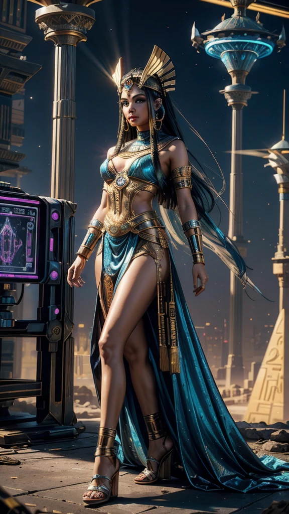 A princess in ancient Egyptian style fused with sci-fi and cyberpunk: She wears a traditional Egyptian headdress with neon lights and a dress of futuristic, metallic materials. In the background, pyramids are surrounded by floating platforms and drones. Her scepter ends in a hovering energy orb, and her eyes and jewelry reveal cyber implants and advanced technology.