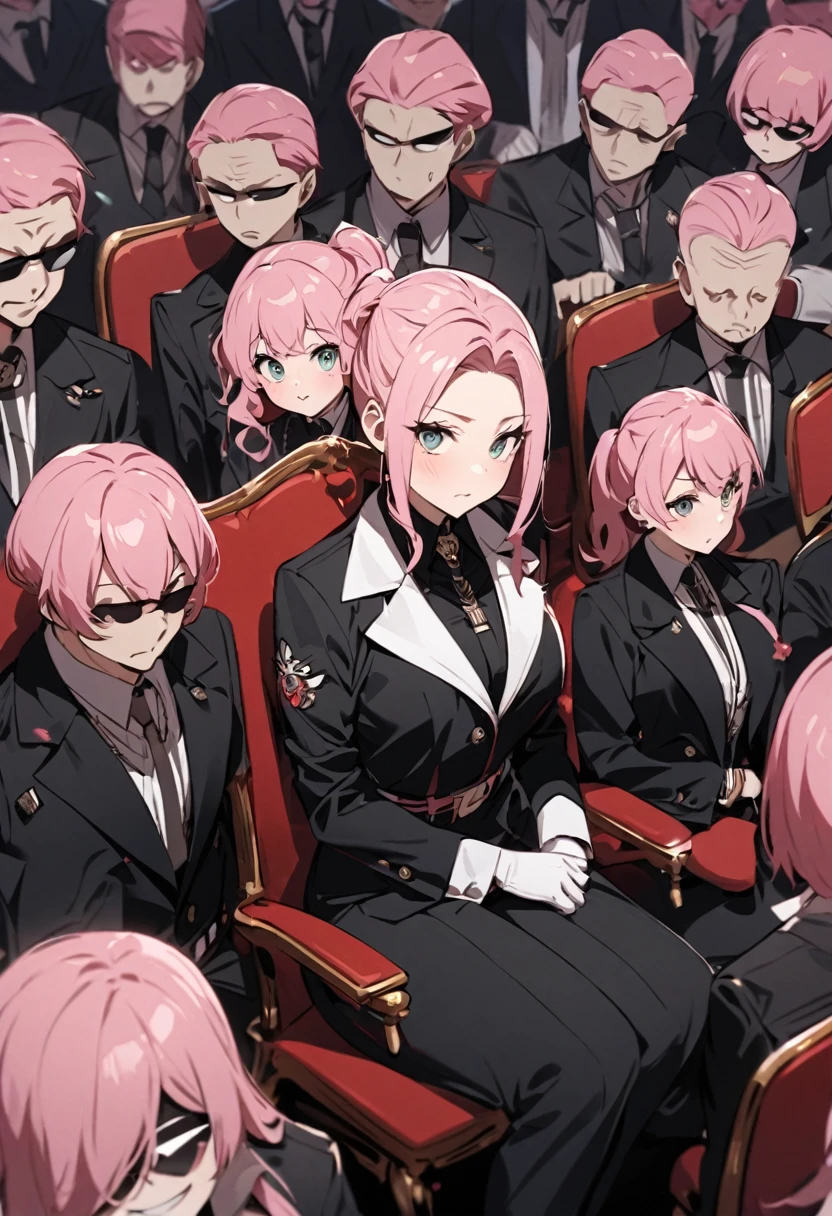 Surrounded by the Mafia、A pink-haired girl is sitting on a chair、All the gangsters around her point their guns at the girl