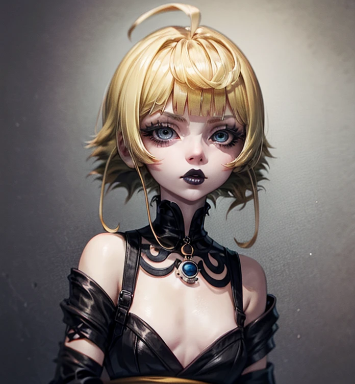 a close up of a woman with a black dress and black lipstick, blonde hime cut hair, with short hair, 1 7 -  - old me goth girl, short pigtails hair, white hime cut hairstyle, sui ishida with blonde hair, with short hair with bangs, short blonde hair with bangs, short blonde hair, japanese gothic, blonde short