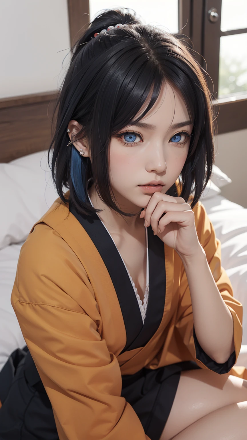 girl , Girl  ,  , short hair, hair ornament, blue hair, legs , sitting on the bed , small, panties, bra, Sexual тело , underwear, Sexual , bra, panties, one flower, hair цветок, (orange eyes:1.2), (labret piercing:1.2), eyeshadow, (Akatsuki uniform:1.5), Akatsuki \(naruto\),BREAK (masterpiece:1.2), Best quality, A high resolution, unity 8k wallpaper, (illustration:0.8), (beautiful detailed eyes:1.6), very detailed face, perfect lighting, extremely detailed computer graphics, (perfect hands, Ideal Anatomy),