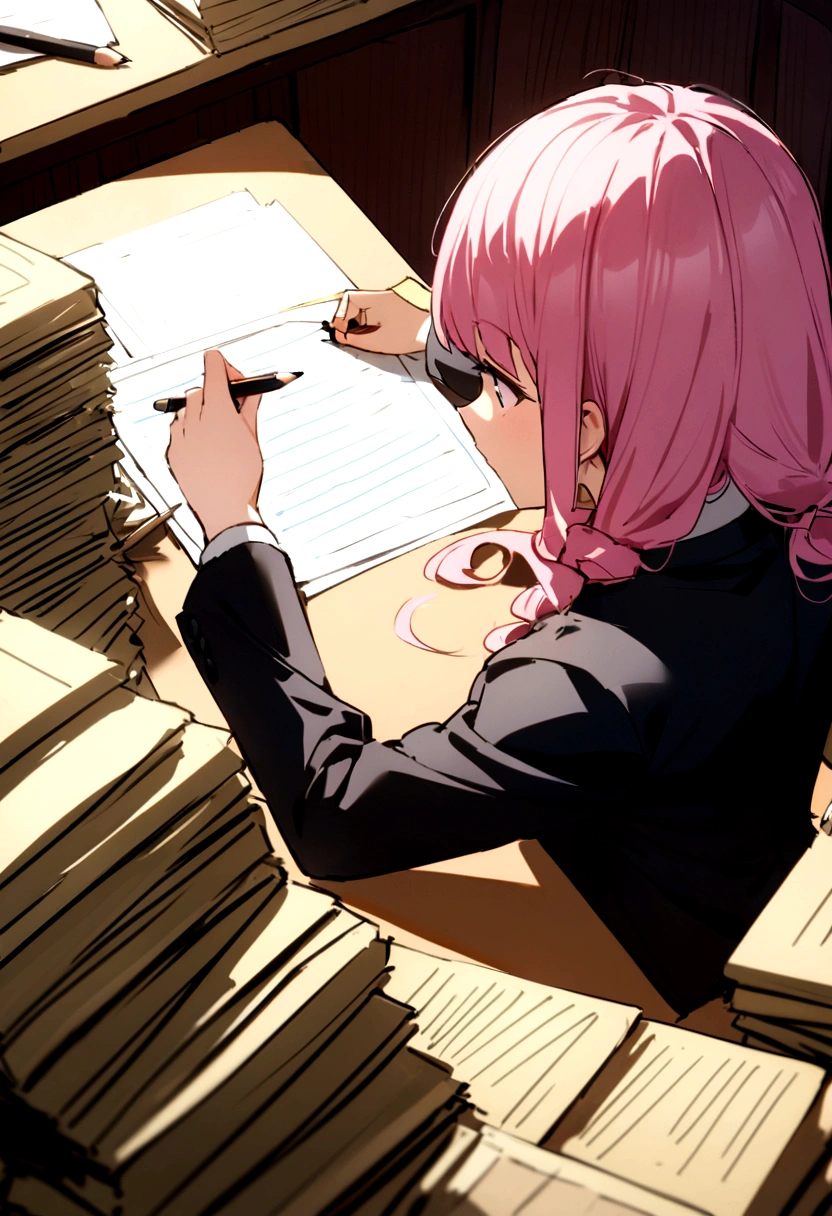 、Court、、Court、、Court、、Court、There&#39;s a lot of hair on the desk、Writing with a pencil、Court、Pink haired girl in a suit、Twin Drill、Pile of documents