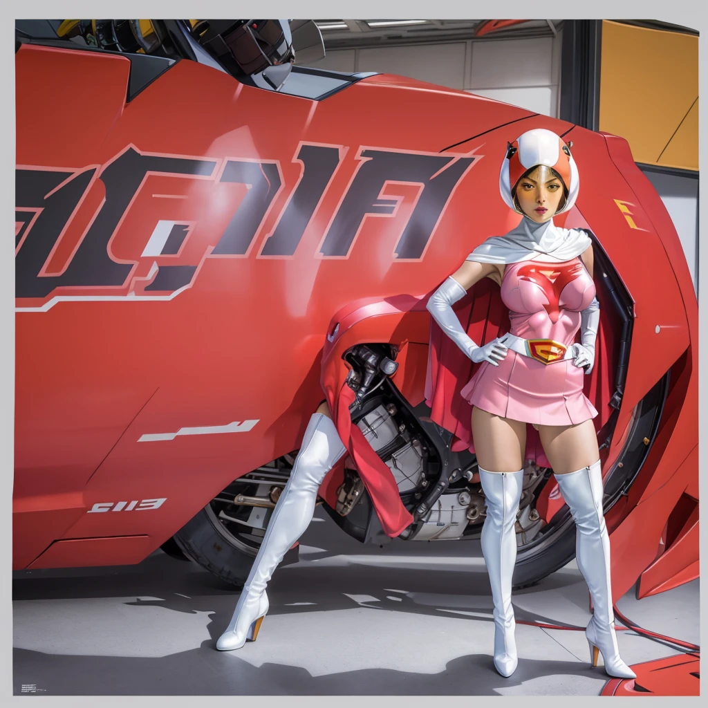 ANI_CLASSIC_jun_gatchaman_ownwaifu,1girl, 15yo,good anatomy, masterpiece, best quality,realistic, hyper realistic, 16k hdr, long hair,breasts,lips,large breasts,lipstick,makeup,gloves,cape,helmet,belt,elbow gloves,white gloves,mask,ultra miniskirt,leotard,spacesuit,white tight overknee highheels boots,pink dress,superhero,bodysuit,cleavage,erected nipples,(stand pose,hands on hip),(spread legs:1.1),cameltoe