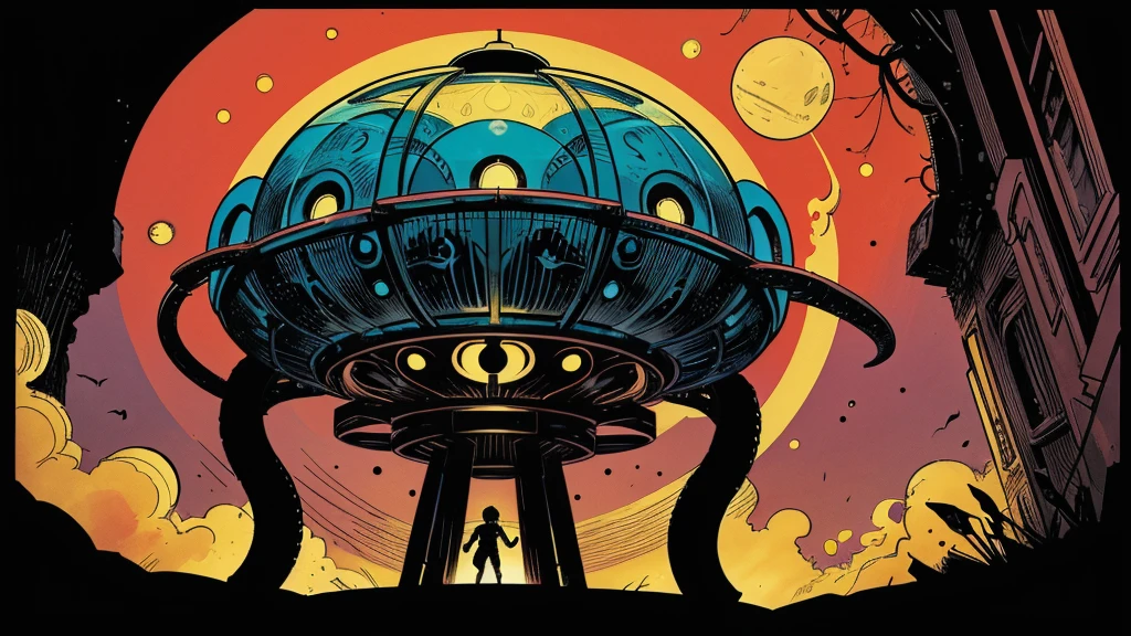 Use this prompt to create an image in the style of 1950s-70s comic book art. Use bold outlines, halftone patterns, and exaggerated perspective. Employ intense, saturated colors reminiscent of vintage four-color printing. Maintain a psychedelic, otherworldly atmosphere with swirling, colorful skies and strange celestial bodies. Emphasize the contrast between light and shadow to create a dramatic, pulp sci-fi feel. Create an image of: horrible, frightening, scary, terrifying, tentacled alien monster