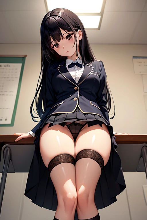 (((Stand with your feet apart)))、((Shiny underwear)))、Uniform Blazer、Beautiful beauty、Long black hair、((whole body))、(((Photo taken from below)))、School、classroom、Large Breastini skirt、Panties are black lace、Japanese、expensive、Long limbs、hairstyle semi long、18-year-old