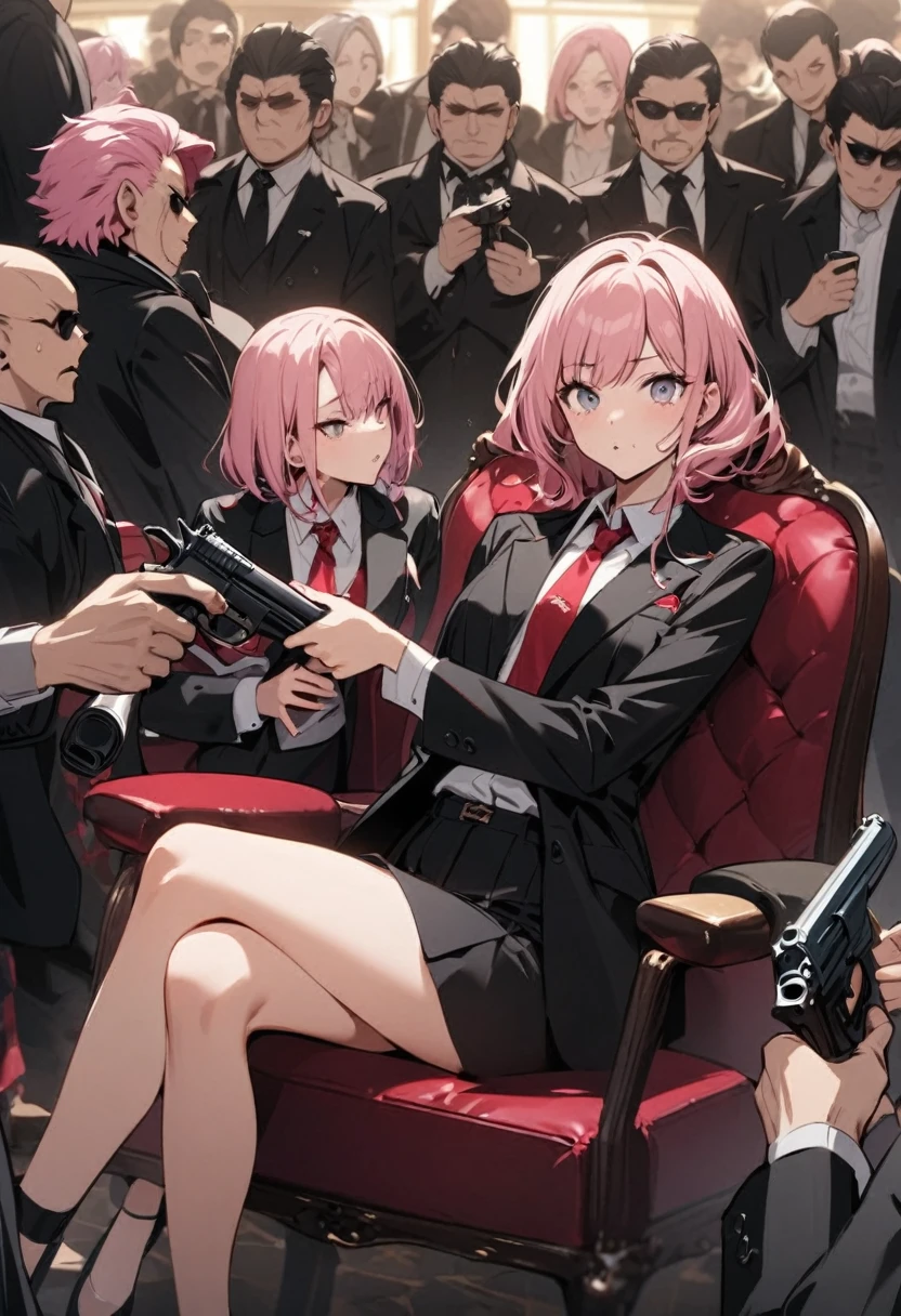masterpiece, Improvement of quality, high quality, Excellent anatomy, Healthy Body, Refers to the whole, Normal numbers, 4K quality, girl, beautiful girl, Perfect body, whole body, 完璧なgirl,  blue eyes, Hollow Eyes, Fedora hat, Black Shirt, heavy rain, Thunder Strike, Long black suit, mini black skirt, Black tie, She has a submachine gun, Human corpse, Bloodbath, Blood splatter, Behind him was a man wearing the same clothes.、He had a submachine gun。, In the back alleys of the city.Pink Hair