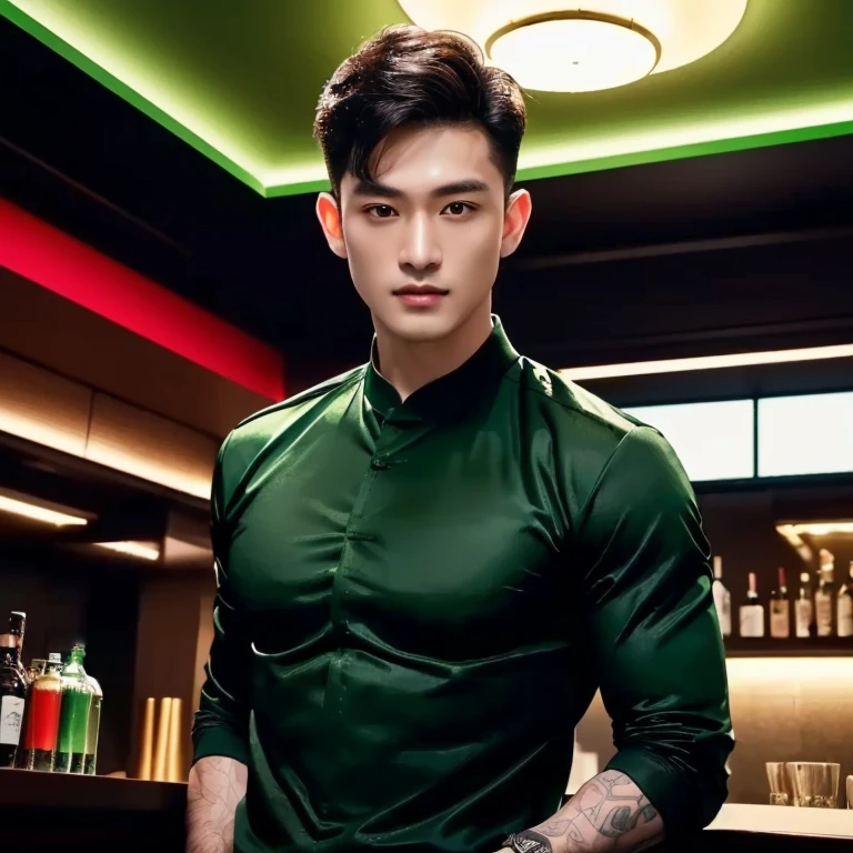arafed man in a Green Shirt standing in a bar, In a dark green polo shirt., Green Shirt, Elegant dark green clothes, in the style of sifu :2, smooth hair, Handsome Chad Chin, Green Bomber Jacket, Rafael Pernaz, wearing a green suit, Chai Sukun, สวมแจ็กเก็ตบอมเบอร์สีเขียวเข้ม arafed man in a Green Shirt standing in a bar, In a dark green round-neck shirt, Green Shirt, Elegant dark green clothes, in the style of sifu :2, smooth hair, Handsome Chad Chin, Green Bomber Jacket, Rafael Pernaz, wearing a green suit, Chai Sukun, Wearing a dark green bomber jacket. 8K images., Shot with a high quality Fuji 45 camera., Pixels, best quality, Masterpiece:1.2), (realistic, photo-Southeast Asians with round faces, Open the aperture wide., professional lighting, Sony A7R4, 50 mm sitting lens. 2 black eyes,muscle, (digital painting, HDR, high contrast), 3d, 8K, 45,000,000 pixcls,