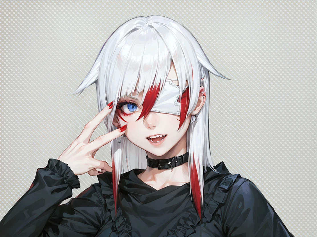 A young woman with white hair and red tips, a vampire, vampire canines, blue eyes, eye patch, short hair, female physique, Discord PfP, fantasy, vampire,long canines, rice teeth