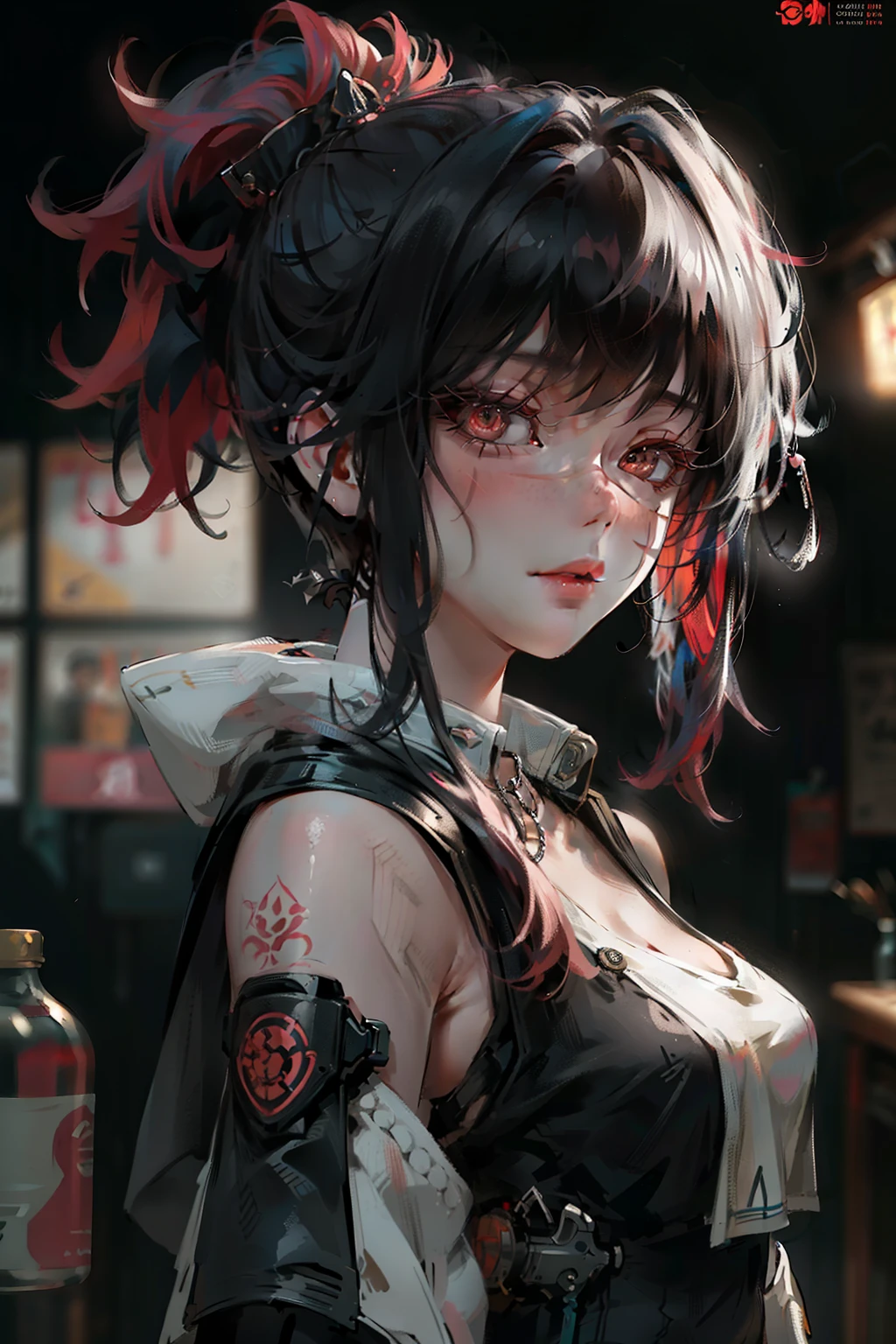 ((best quality)), ((Masterpiece)), (details:1.4), 3d, Image of a beautiful cyberpunk woman., HDR (high dynamic range), mature woman, high ponytail, red hair, future police, PBR surface, After processing, Anisotropic filtration,depth of field, Maximum clarity and clarity, multi-layered surface, perfect proportions, 8K raw files, future world, at night, Scars on the face,