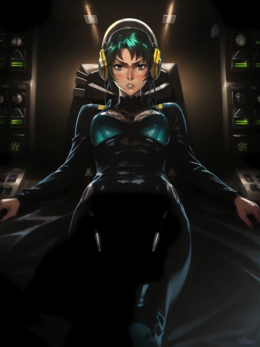 ((gothic vampire piloting in gothic spacecraft)), (((retro anime))), (from below), (120 fov), ((((gothic control panels)))), ((mature)), (((gothic))), iridescent bodysuit, ((lace accessories)), ((pilot seat)), ((((lying back)) pose)), ((elegant)), (((serious tone))), futuristic, ((cockpit top control panel)), intricate control panel details, close-up, 1990s (style), [blushing], [sweat], masterpiece, ((claustrophobic)), sparkles, best quality, screens, ((pilot helmet)), ((hands on controls)), night, ((cockpit lights))