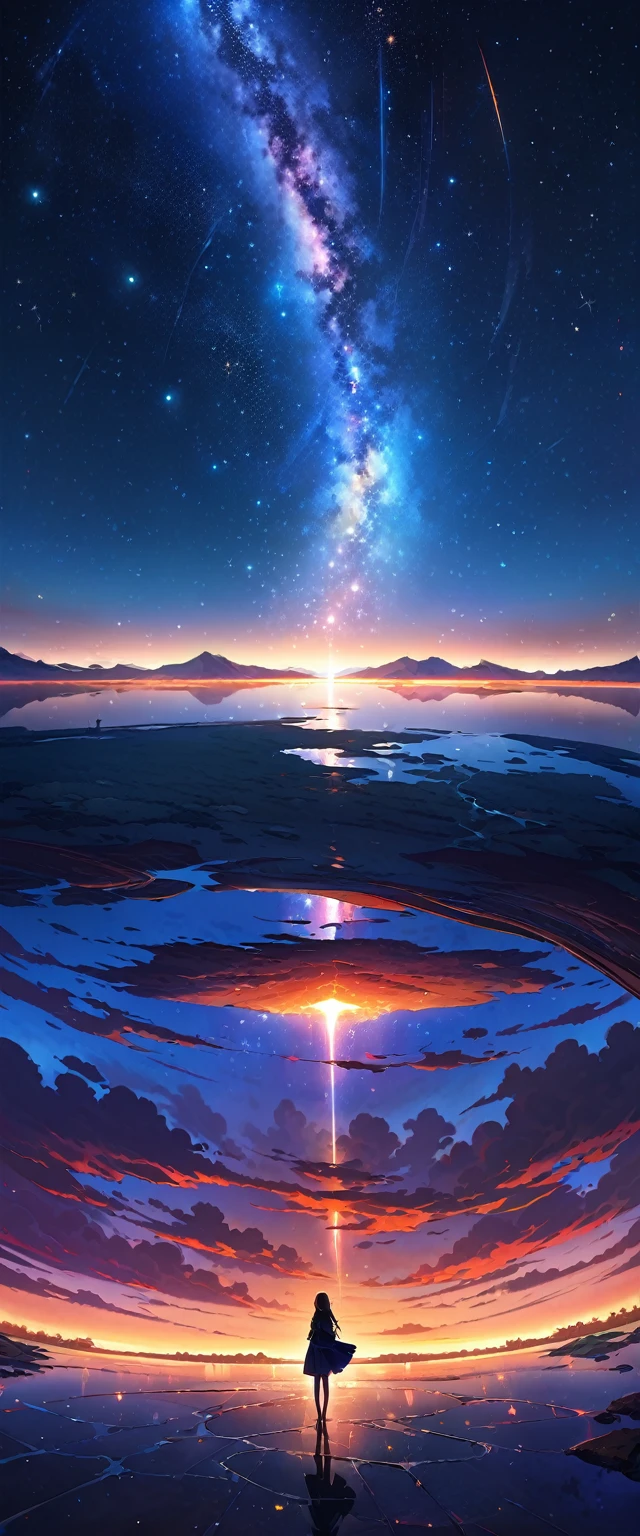 Official Art, Integrated 8k wallpapers, Very detailed,  masterpiece, Best image quality，Ultra wide angle，night，Miss，Standing by the salt lake，Water is like a mirror，Reflecting the sky。Look up at the sky，The Milky Way is in the sky，Dynamic Angle, grace, Vibrant colors,