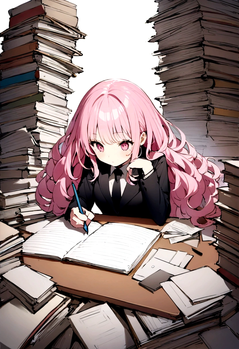 、Court、、Court、、Court、、Court、There&#39;s a lot of hair on the desk、Writing with a pencil、Court、Pink haired girl in a suit、Twin Drill、Pile of documents、whole body