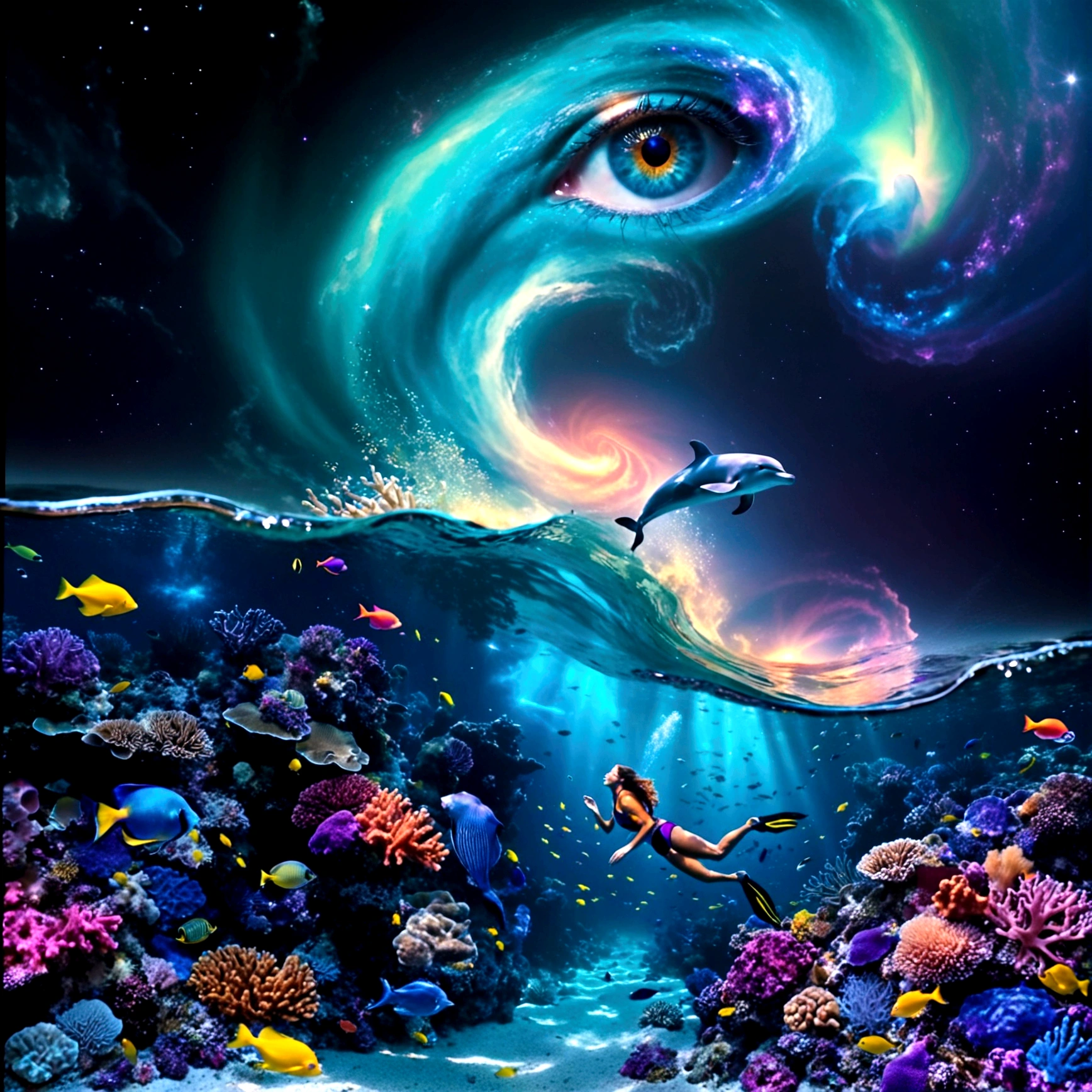 a fantastic and dreamlike underwater scene. Shows a diver exploring a colorful coral reef, surrounded by pulsating colorful tropical fish. the diver is surrounded by small bioluminescent creatures that dance around her, leaving trails of light behind them, and a dolphin jumping out of the water. Above the surface, incorporates a starry night sky, an enlarged human eye catches the eye with its hypnotic iris. A swirl of deep blue and purple evokes a starry sky, surrounding a spiral galaxy. The eye blends into the surrounding space, strewn with stars, nebulae and cosmic dust,  whose reflection illuminates the ocean. Uses light and shadow effects to accentuate the depth of the image, with a seamless transition between water and sky. Adds realistic details and textures to corals and fish, while maintaining a magical and surreal atmosphere.