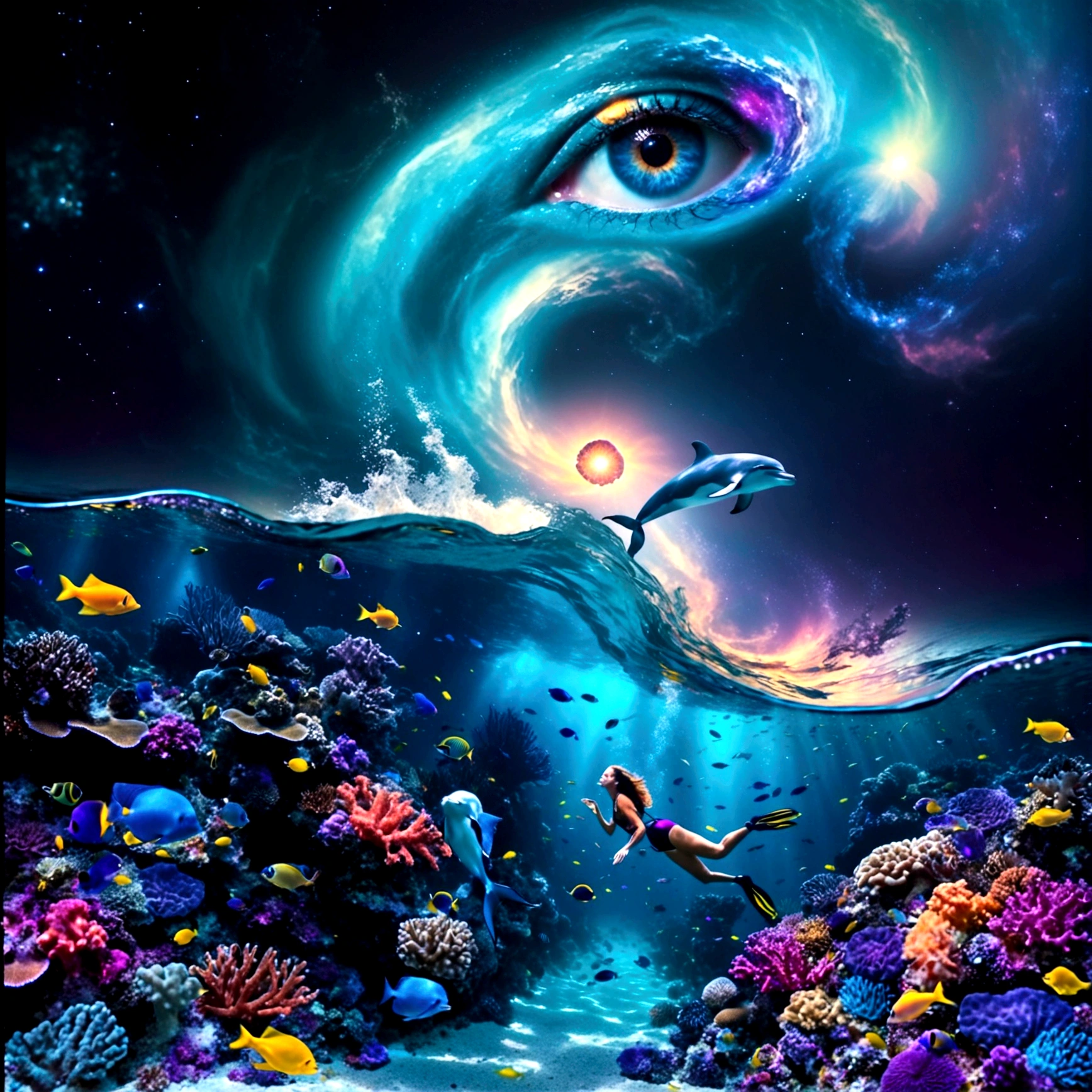 a fantastic and dreamlike underwater scene. Shows a diver exploring a colorful coral reef, surrounded by pulsating colorful tropical fish. the diver is surrounded by small bioluminescent creatures that dance around her, leaving trails of light behind them, and a dolphin jumping out of the water. Above the surface, incorporates a starry night sky, an enlarged human eye catches the eye with its hypnotic iris. A swirl of deep blue and purple evokes a starry sky, surrounding a spiral galaxy. The eye blends into the surrounding space, strewn with stars, nebulae and cosmic dust,  whose reflection illuminates the ocean. Uses light and shadow effects to accentuate the depth of the image, with a seamless transition between water and sky. Adds realistic details and textures to corals and fish, while maintaining a magical and surreal atmosphere.