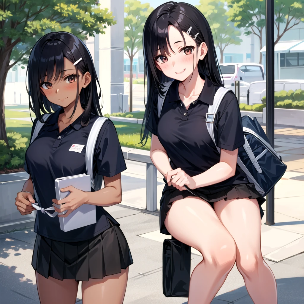 ((best quality)), ((masterpiece)), (details), one girl, sexy ((best quality)), ((masterpiece)), (details), one girl, sexy ((best quality)), ((masterpiece)), (details), one girl, full body, sexy expensive body, expensive, long legs, mature woman, mature, adult, it_nagatoro_main, Hayase Nagatoro, one girl, blushing, alone, uniform polo shirt, short sleeves, black hair, bag, brown eyes, hair accessory, looking at viewer, hair clip, outdoors, backpack, smiling, long hair, dark skinned woman, dark skin, , bangs, daytime, skirt, collared shirt, collarbone, ear clip, mouth closed, tree, asymmetrical bangs, upper body