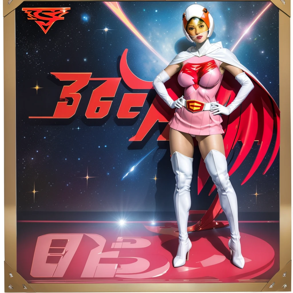 ANI_CLASSIC_jun_gatchaman_ownwaifu,1girl, 15 years old,good anatomy, masterpiece, best quality,realistic, hyper realistic, 16k hdr, long hair,breasts,lips,large breasts,lipstick,makeup,gloves,cape,helmet,belt,elbow gloves,white gloves,mask,ultra miniskirt,leotard,spacesuit,white tight overknee highheels boots,pink dress,superhero,bodysuit,cleavage,erected nipples,(stand pose,hands on hip),(spread legs:1.1),cameltoe