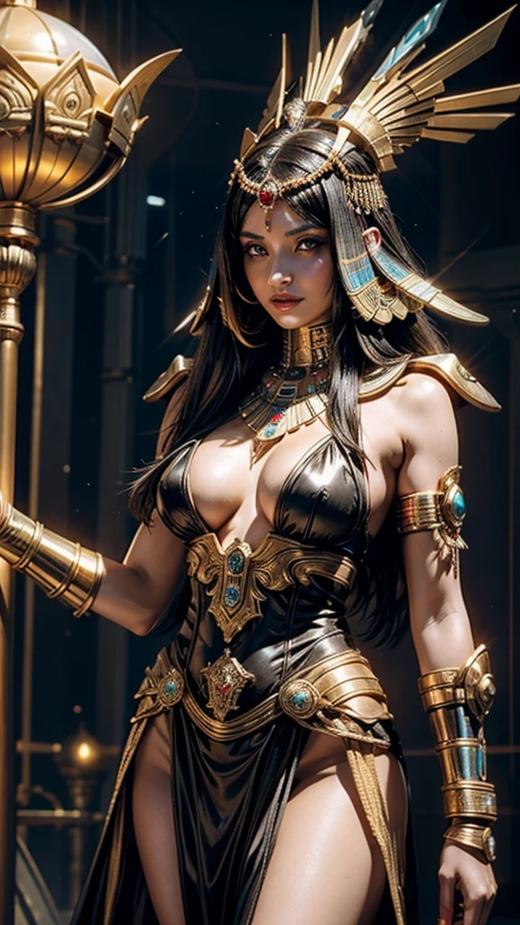Erotic,bude,porn,nsfw,A princess in ancient Egyptian style fused with sci-fi and cyberpunk: She wears a traditional Egyptian headdress with neon lights and a dress of futuristic, metallic materials. In the background, pyramids are surrounded by floating platforms and drones. Her scepter ends in a hovering energy orb, and her eyes and jewelry reveal cyber implants and advanced technology.