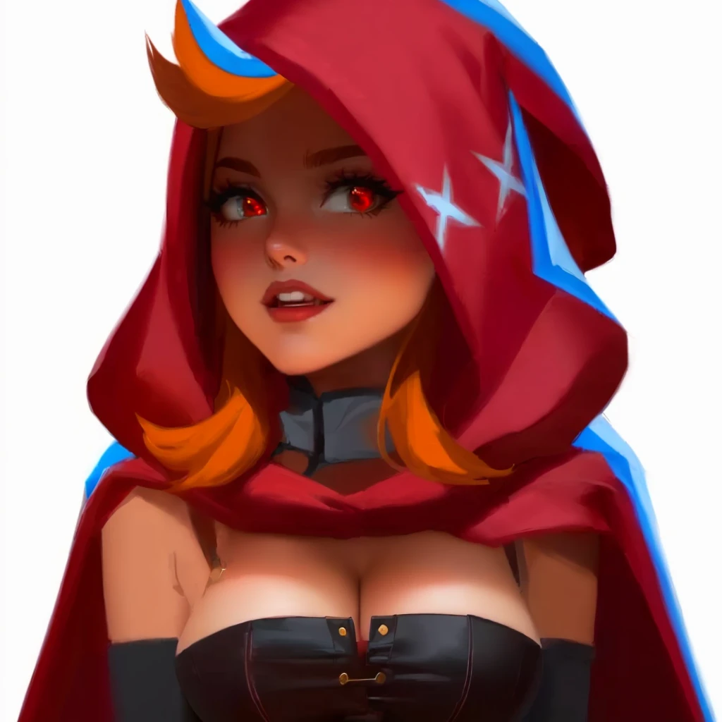 a cartoon image of a woman with a red cape and a hood, thief red riding hood, red hooded mage, hood and cape, red hoods, dressed in a beautiful red cloak, red riding hood, red cloak, red cape, in a hood, wearing a red cape, rossdraws 1. 0, mighty plump female sorceress, little red riding hood