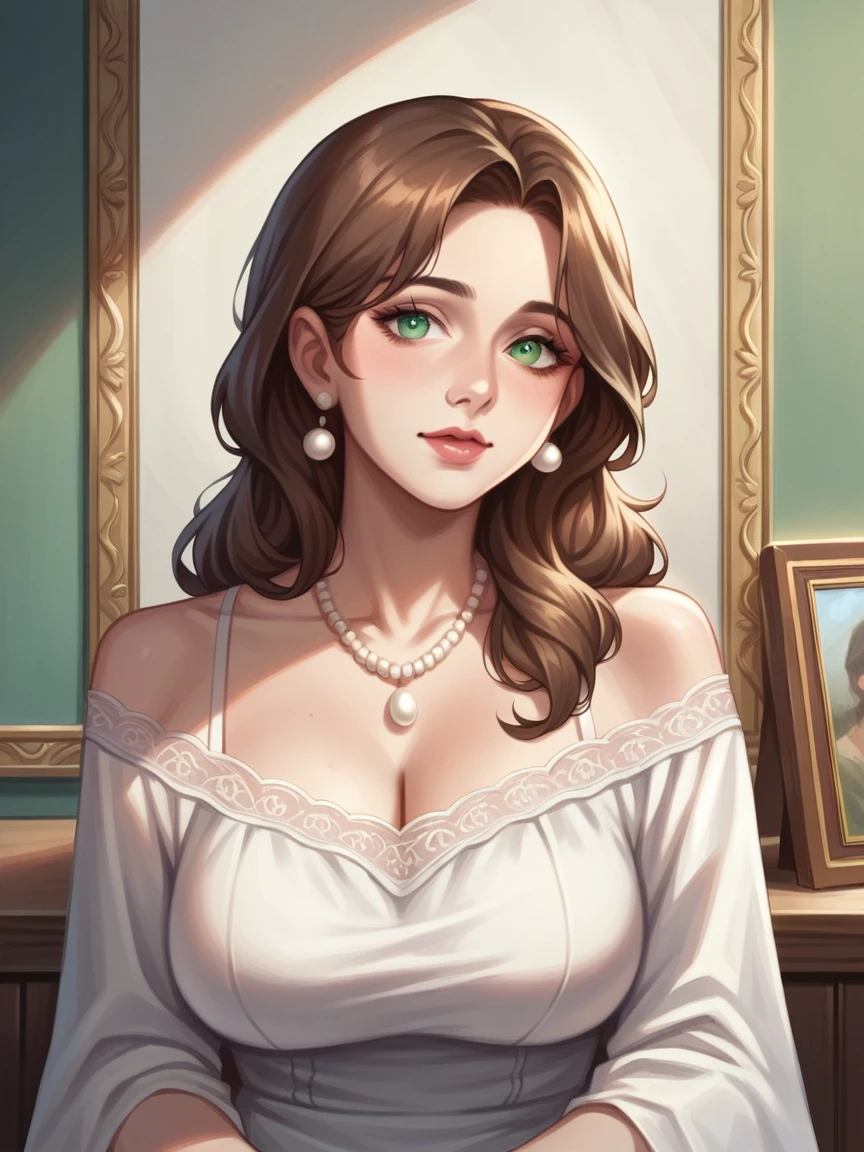 ((Best quality)), ((masterpiece)), (detailed), 3/4 illustration of a middle aged female character with soft short shoulder length brown hair and brownish green eyes, motherly, milf, full figure, soft expression, older, aged 40, digital art painting style, digital portrait, white blouse, pearls, sitting