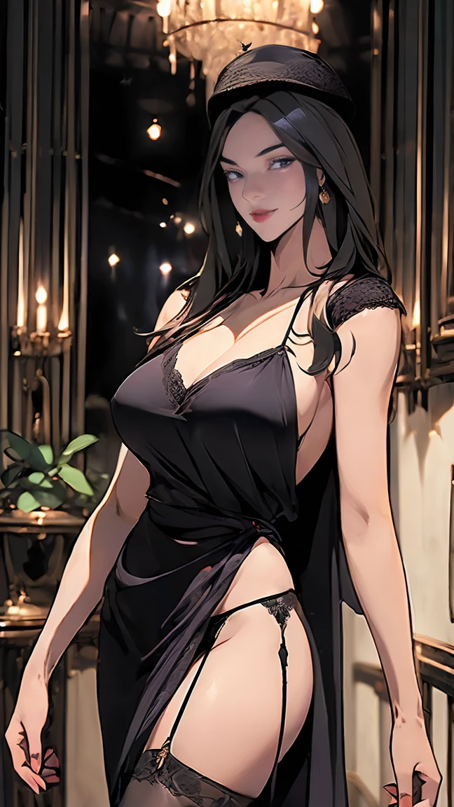 ((best quality)),(Ultra-high resolution),(Very detailed),(Detailed description),((Best CG)),(masterpiece),Highly detailed art,Amazing Art,(Contemporary art with precise details:1.5), (1. Female fashion models:1.6),(beautiful and well-proportioned face:1.5),Fashion Leader:1.6,Powerful gaze:1.4,(Magic Hat:1.6)(Wearing hat at an angle:1.3),(Extra large breasts:1.5),(big breast:1.5),(Medieval evening gown:1.5),(Black Thong:1.6),Extra short skirt with hips,White thighs,Long legs,Tall,Garter stockings,Purple high heels,(g-string:1.5),Cropped tops,White background