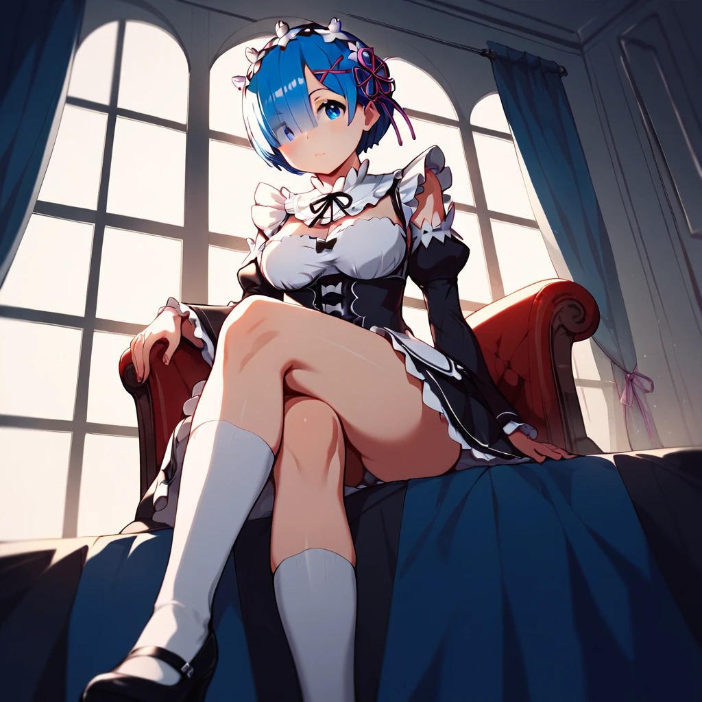 score_9, score_8_up, score_7_up, rem_\(re:zero\)
blue_eyes,hair_over_one_eye,short_hair,blue_hair,hair_ribbon,roswaal_mansion_maid_uniform, 1girl, solo, sitting, crossed legs, from below
Masterpiece, best quality, detailed eyes, perfect face, award winning, hyper-realistic