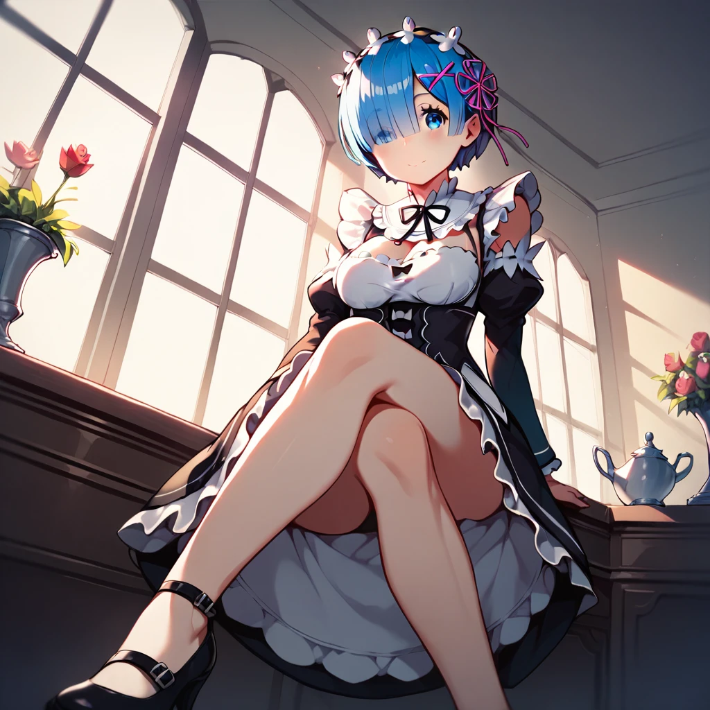 score_9, score_8_up, score_7_up, rem_\(re:zero\)
blue_eyes,hair_over_one_eye,short_hair,blue_hair,hair_ribbon,roswaal_mansion_maid_uniform, 1girl, solo, sitting, crossed legs, from below
Masterpiece, best quality, detailed eyes, perfect face, award winning, hyper-realistic