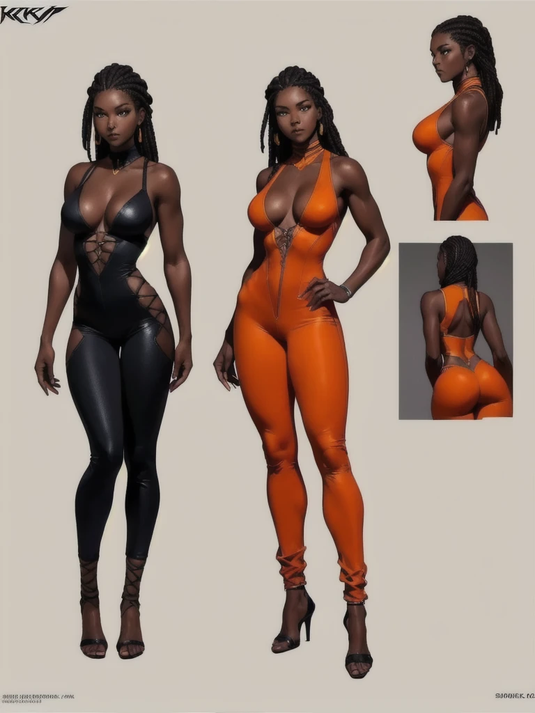 ((best quality)), ((4k)), ((highres)), ((masterpiece:1.2)). ((detailed)), ((ultra realistic)), ((intricate details)), ((full body picture)), ((character design sheet)), a full body picture of a beautifull Ebony skinned female, black woman, dark skin, ebony princess, ebony model, perfect face, detailed eyes, detailed lips, posing with her arms above her head, ((arms above her head)), about 25 years old, about 5'7 ft. tall, long thin dreadlocks down to her hips, ((emphasis on her long thin dreadlocks down to her hips)), pretty, feminine woman, toned body but not too muscular looking, hourglass figure, dressed in a skin-tight sleeveless full body orange jumpsuit, ((emphasis on the skin-tight sleeveless full body orange jumpsuit)), showing cleavage, glamorous, strappy lace up high, fighting game character concept art, tekken character design, the king of fighters character concept, full bofy, full body concept art, full body art