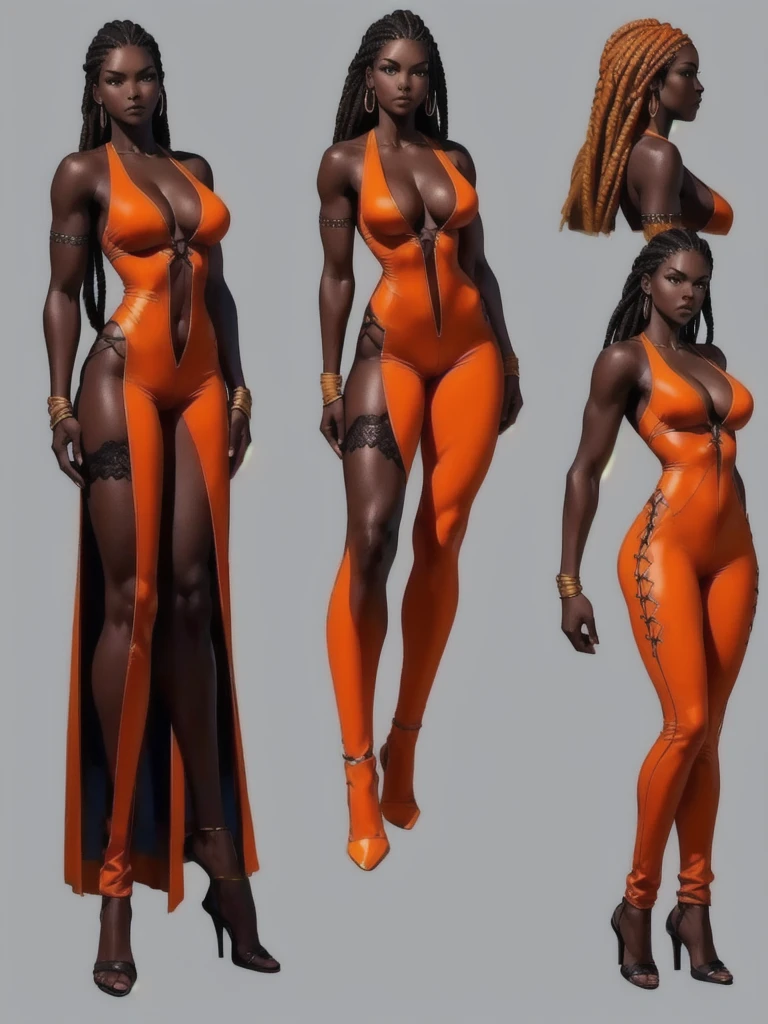 ((best quality)), ((4k)), ((highres)), ((masterpiece:1.2)). ((detailed)), ((ultra realistic)), ((intricate details)), ((full body picture)), ((character design sheet)), a full body picture of a beautifull Ebony skinned female, black woman, dark skin, ebony princess, ebony model, perfect face, detailed eyes, detailed lips, posing with her arms above her head, ((arms above her head)), about 25 years old, about 5'7 ft. tall, long thin dreadlocks down to her hips, ((emphasis on her long thin dreadlocks down to her hips)), pretty, feminine woman, toned body but not too muscular looking, hourglass figure, dressed in a skin-tight sleeveless full body orange jumpsuit, ((emphasis on the skin-tight sleeveless full body orange jumpsuit)), showing cleavage, glamorous, strappy lace up high, fighting game character concept art, tekken character design, the king of fighters character concept, full bofy, full body concept art, full body art