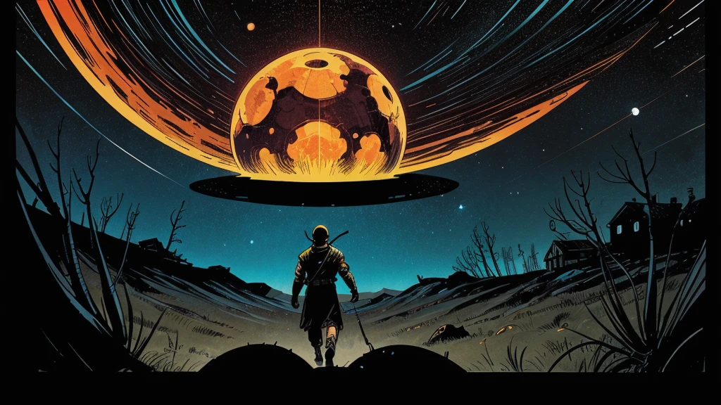 Use this prompt to create an image in the style of 1950s-70s comic book art. Use bold outlines, halftone patterns, and exaggerated perspective. Employ intense, saturated colors reminiscent of vintage four-color printing. Maintain a psychedelic, otherworldly atmosphere with swirling, colorful skies and strange celestial bodies. Emphasize the contrast between light and shadow to create a dramatic, pulp sci-fi feel. Create an image of: horrible, frightening, scary, terrifying, tentacled alien monster
