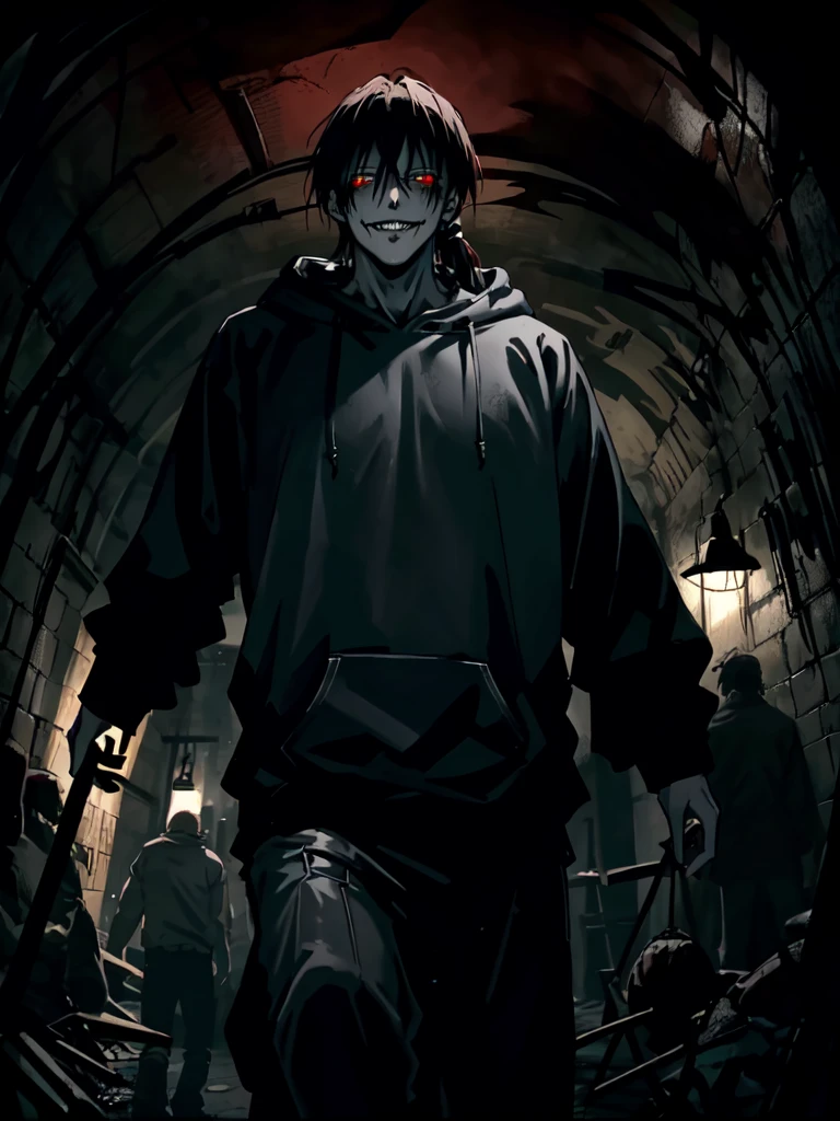 1boy, (Medium-length hair: 1.2), With a ponytail,male, Dark red eyes, (dark theme:1.3), (dark atmosphere:1.3), Horror atmosphere, (Dark Underground: 1.5), Black hoodie,Tall and strong,Beautiful appearance, vicious, evil smile